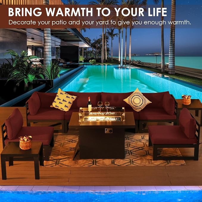 RADIATA 6 People Large Luxury Aluminum Patio Conversation Set with Fire Pit Table Propane/Gas, 29" Deep Wide U Shaped Sectional Couch, 500 lbs Heavy Duty UV Resistant Outdoor Sofa for Front Yard, Red