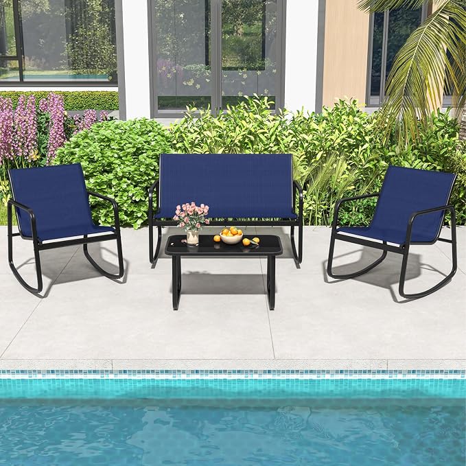 HAPPYGRILL 4 Pieces Patio Rocking Furniture Set with Loveseat, 2 Rocking Chairs & Glass-Top Coffee Table, Outdoor Porch Rocker Chair Conversation Set for Balcony, Poolside, Garden, Backyard (Navy)
