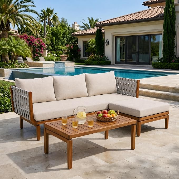 Christopher Knight Home Gwen 3 Piece Acacia Wood Patio Conversation Set with Sofa, Coffee Table and Ottoman, 3-Seater Sofa with Water-Repellent Cushion, Outdoor Patio Furniture Set, Teak+Beige