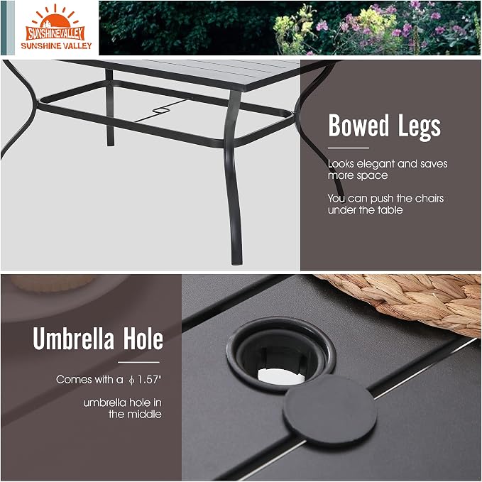 SUNSHINE VALLEY Patio Dining Set,60x38 Outdoor Table w/Swivel Chairs | 60x36 Outdoor Table and Chairs Set with Umbrella Hole, 2 Leg Chairs, 2 Swivel Chairs, 1 Metal Table and 1 Cushioned Bench