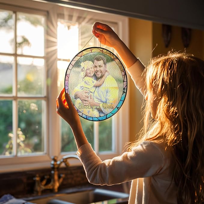 Custom Photo Stained Glass Window Hanging Suncatcher 2026, Personalized Family Picture Sun Catcher with Custom Text, Father's Day Birthday Gift for Dad, Papa, Grandpa, Husband