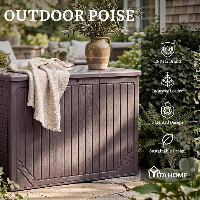 YITAHOME 230 Gallon Extra Large Outdoor Storage Box, Waterproof Double-WallDeck Box with Hydraulic Piston for Garden Tools, Pool Accessories & Cushions, Resin Deck Organizer with Bench Seat(Brown)