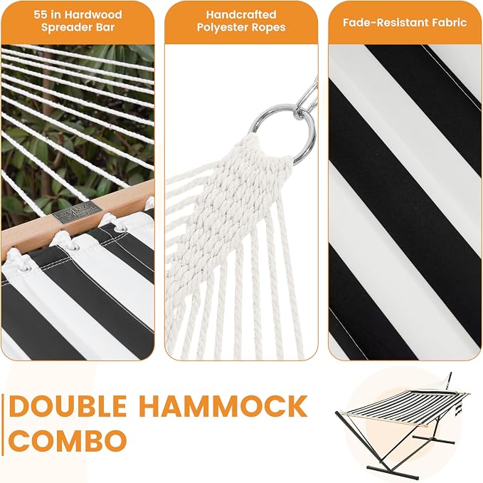 Lazy Daze Hammocks 2 Person Portable Hammock with 12FT Stand for Outside, 10.5FT Quilted Double Hammock with Spreader Bar and Detachable Pillow, 450lbs Capacity for Outdoor Patio, Black White Stripes