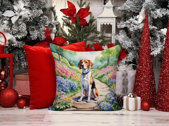 Caroline's Treasures English Foxhound Spring Path Throw Pillow Machine Washable, Indoor Outdoor Decorative Pillow for Couch, Bed or Patio, 14Hx14W
