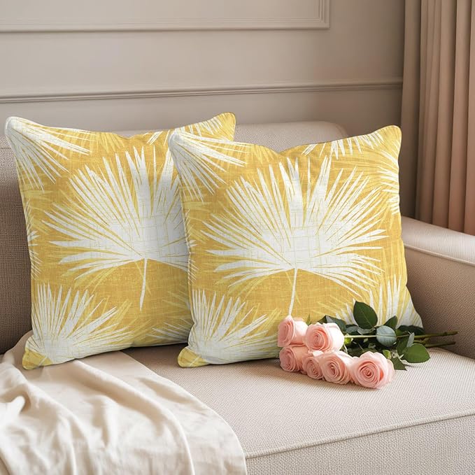 Throw Pillow Covers 26x26 Inch Set of 2, Yellow Palm Leaves Coastal Waterproof Outdoor Pillow Covers, Summer Tropical Botanical Boho Decorative Cushion Pillowcases for Couch, Sofa, Bed, Garden, Patio