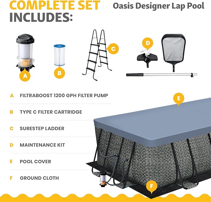 Funsicle Oasis Designer Lap 18' x 9'x 52" Rectangular Above Ground Swimming Pool, with FiltraBoost 1200 GPH Filter Pump, Ladder, Maintenance Kit, Cover, Ground Cloth & Repair Patch, Dark Herringbone