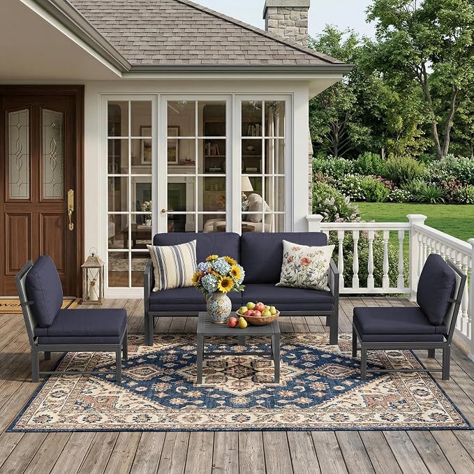 AECOJOY Aluminum Patio Furniture Set 8 Seats Outdoor Sectional Couch with Coffee Central Table Patio Conversation Sets for Porch Deck (Dark Blue, 8PCS, 8 Seat)