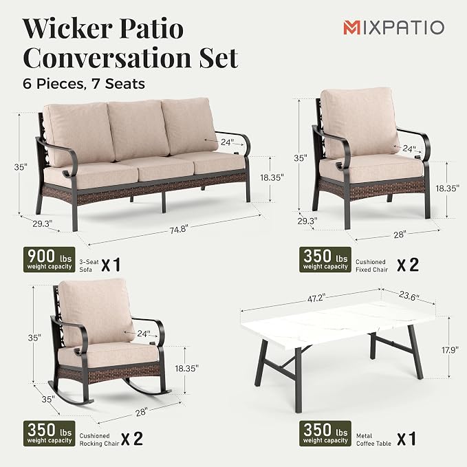 MIXPATIO Patio Furniture Set with Coffee Table, Outdoor Conversation Set with 2 x Fixed Chairs, 2 x Rocking Chairs, 1 x 3-Seat Sofa for Lawn Garden Backyard, Beige