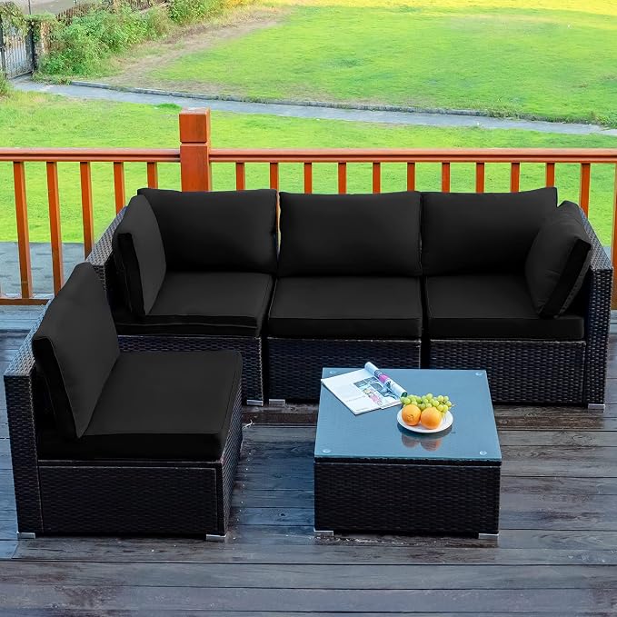 Tangkula 5 Pieces Patio Furniture Set, All Weather Wicker L-Shaped Corner Sofa Set w/Soft Cushions, Outdoor Sectional Conversation Couch Set w/Glass Table for Backyard Garden Poolside (Black)