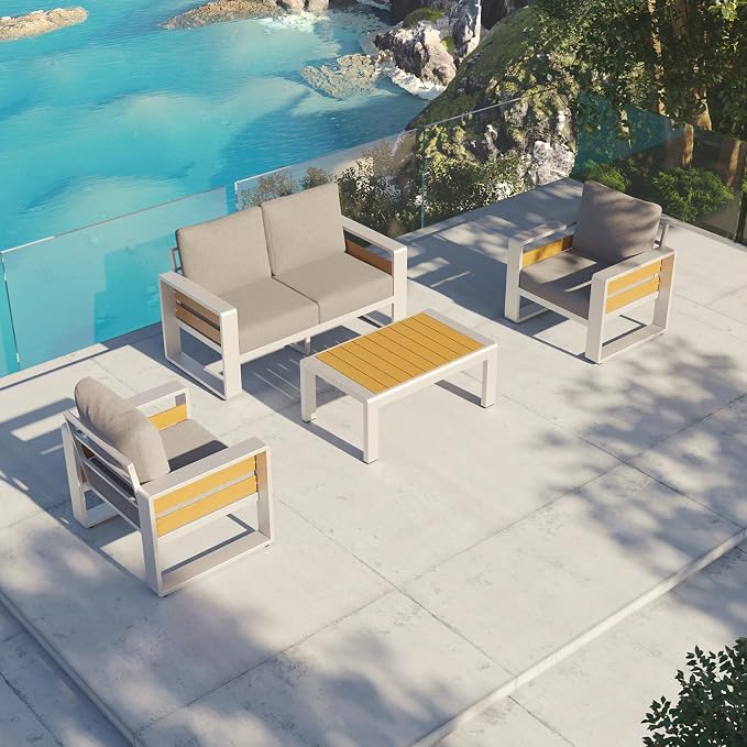 Aoxun Aluminum Outdoor Patio Furniture Set, Coffee Table ×1, Silver & Light Grey