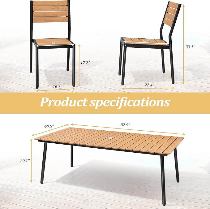9-Piece Outdoor Dining Set for 8 Person with Teak Wood-Grain Top | Armless Stackable Chairs with 19.4" Seat Depth, Aluminum Frame Dining Furniture with Umbrella Hole for Deck, Porch & Backyard