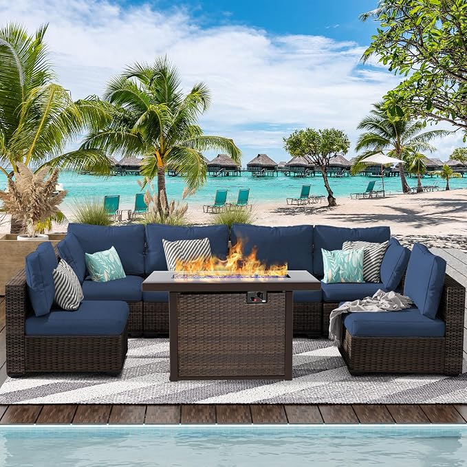 Patio Furniture Set with Fire Pit Table, Outdoor Sectional Rattan Sofa Set, Patio Set Seating Furniture with Thickened Cushions (Blue, 7 Pieces)