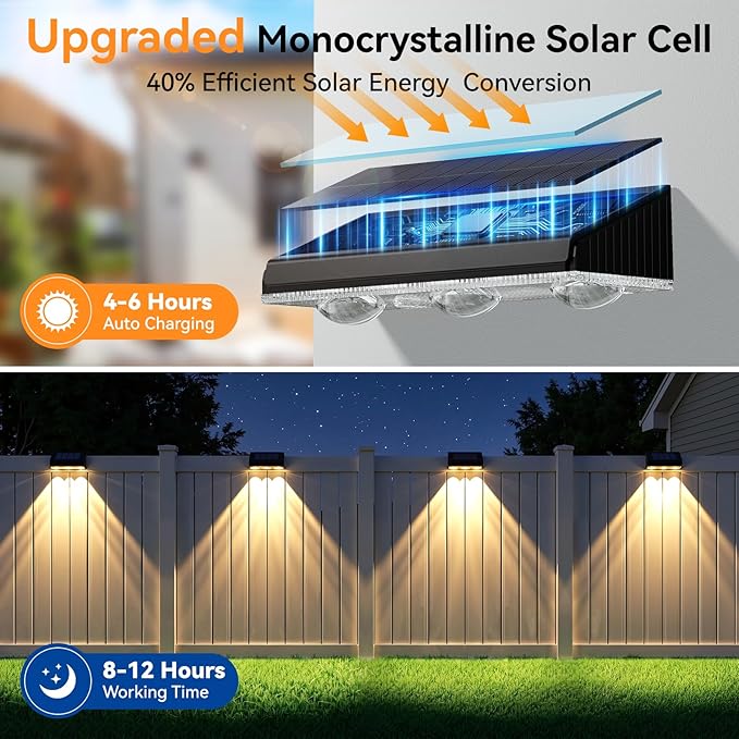 Solar Fence Lights Outdoor 4 Pack, Upgraded Brightness 3X LED Lens Fence Lights Solar Powered, 9 Fixed Colors & RGB Lights, IP65 Waterproof Solar Lights for Outside Backyard/Railing/Step/Patio