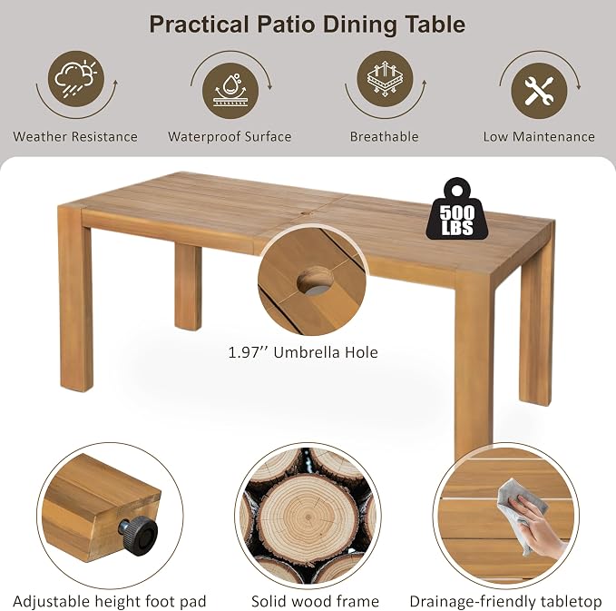 7-Piece Patio Dining Table Set for 6, Outdoor Furniture Sets with 72.8" Rectangle Table and Removable Cushions,for Backyard Garden Poolside (Light Teak+Beige#m)