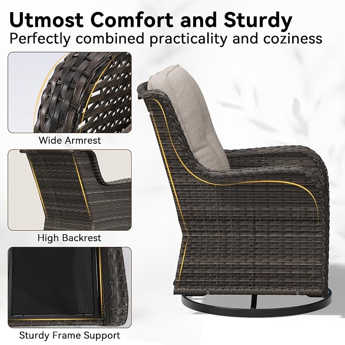Outdoor Swivel Rocker Patio Chair - Outdoor Wicker Patio Furniture with Thickened Olefin Cushions, High Back and Deep Seating, Hand-Woven PE Rattan for Porch, Deck, Balcony, Beige