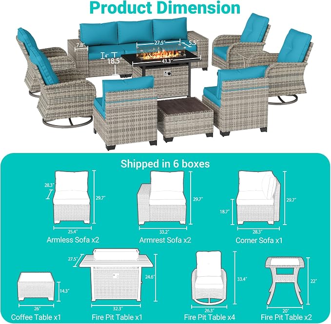13-Piece Outdoor Patio Furniture Set with Rocking Swivel Chair, PE Wicker Rattan Sectional Sofa Patio Conversation Set with 55,000 BTU Fire Pit Table & Coffee Table, Turquoise