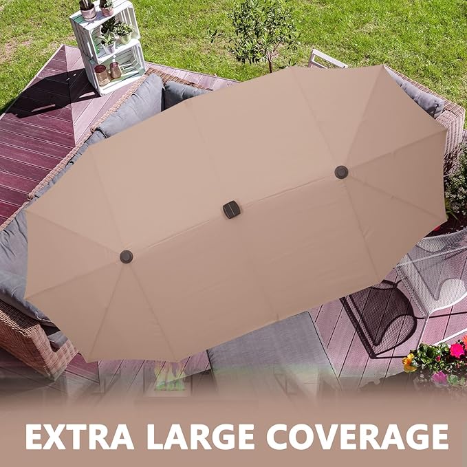13Ft Large Patio Umbrella with Base Outdoor Double-Sided Market Extra Large Table Umbrella With Solar Lights Easy Crank for Yard, Poolside, Deck-Khaki