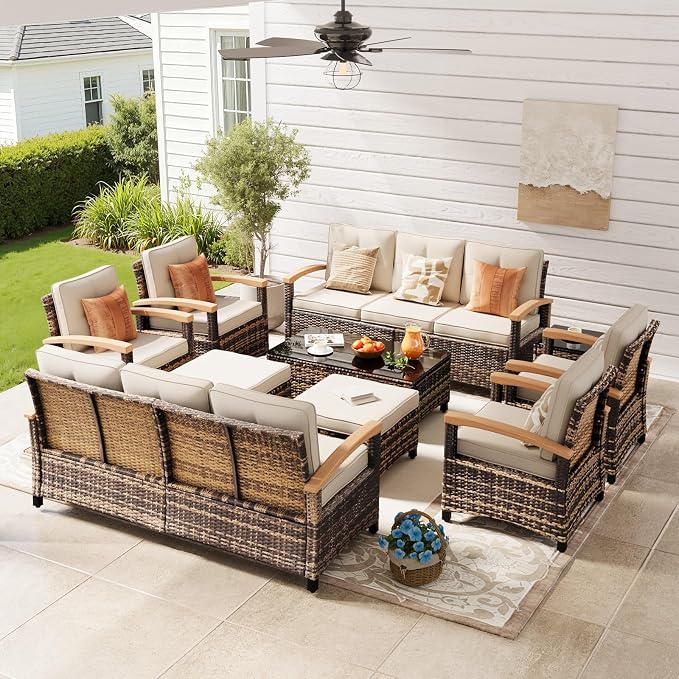 MEISSALIVVE 10 Pieces Outdoor Patio Furniture Sets, Wicker Patio Conversation Sets with 2 Wood Armrests Swivel Glide Chairs,2 Single Chairs, Outdoor Couch and Coffee Table(Beige)