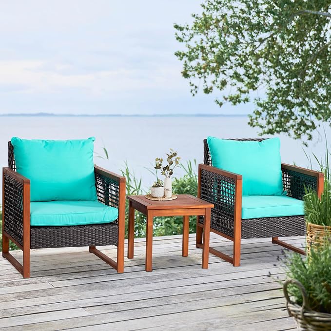 PayLessHere 3 Pieces Patio Set Wicker Patio Furniture Acacia Wood Outdoor Patio Furniture Set Rattan Chair Conversation Sets Bistro Set with Coffee Table and Water Resistant Cushions(Blue)