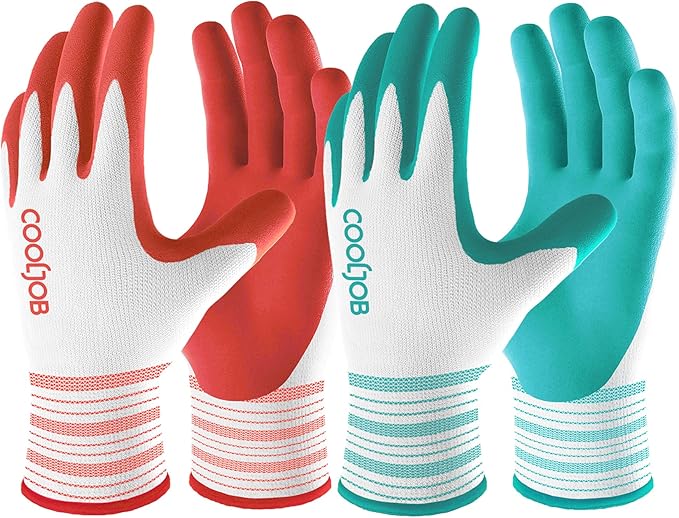 COOLJOB 2 Pairs Gardening Gloves for Women Ladies, Breathable Rubber Coated for Yard Garden, Outdoor Indoor Protective Work with Grip, Small Size, Red & Green | Red & Blue, Textured Latex Palm, Breathable Polyester Liner, Flexible Fit, Machine Washable...