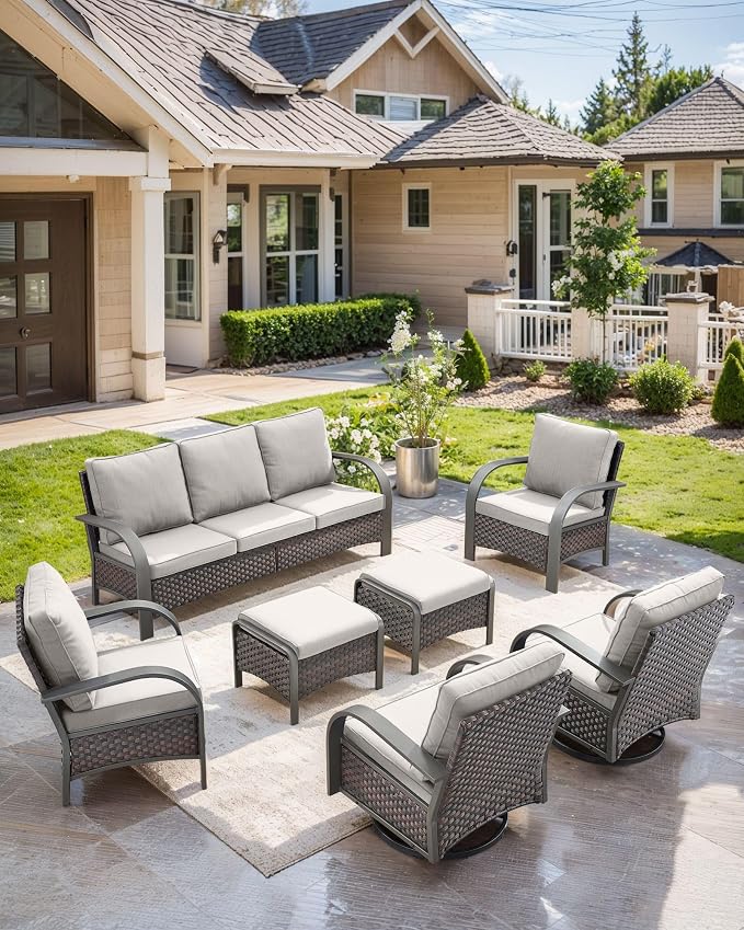 HUMMUH 7 Piece Outdoor Patio Furniture Sets-High Back Swivel Rocker Patio Chairs with Wicker Patio Couch Outdoor Conversation Furniture Set for Deck Porch Garden Poolside Backyard-Brown/Beige