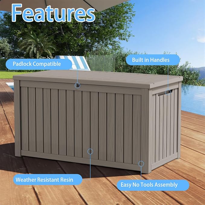 AmaVins Outdoor Storage Box, 180 Gallon Deck Box Indoor and Outdoor Use, Waterproof Resin Storage Bin for Package Delivery, Patio Cushions, Gardening Tools, Lockable, UV Resistant, Light Coffee