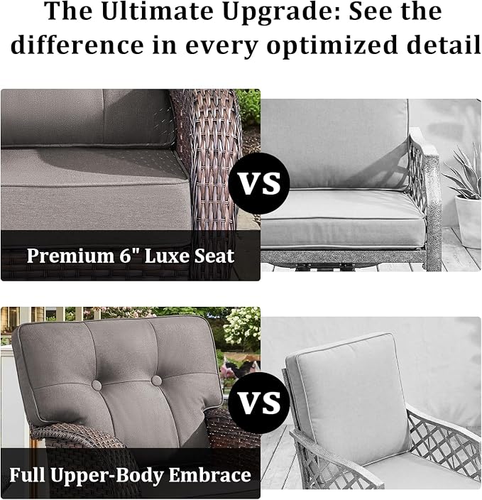 4-Piece Luxury Patio Furniture Set with Fire Pit Table, Weather Resistant Rattan High Back Swivel Rocker Chairs Senior Friendly Conversation Set for Small Porch Deck Sunroom Brown/Grey