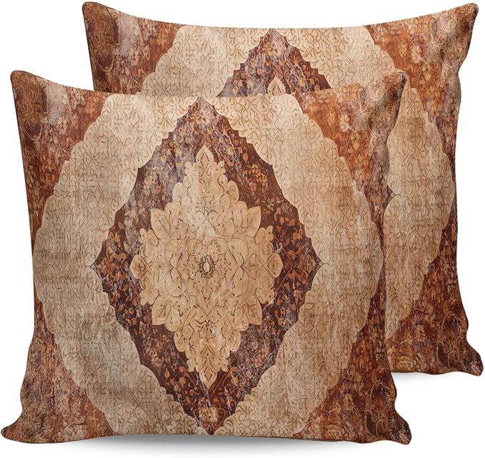 Outdoor Waterproof Pillow Covers Set of 2, Meddle Century Vintage Carpet Mural Pattern Brown Patio Throw Pillow Covers, Decorative Cushion Case for Couch Sofa Furniture Garden, 26x26 Inch