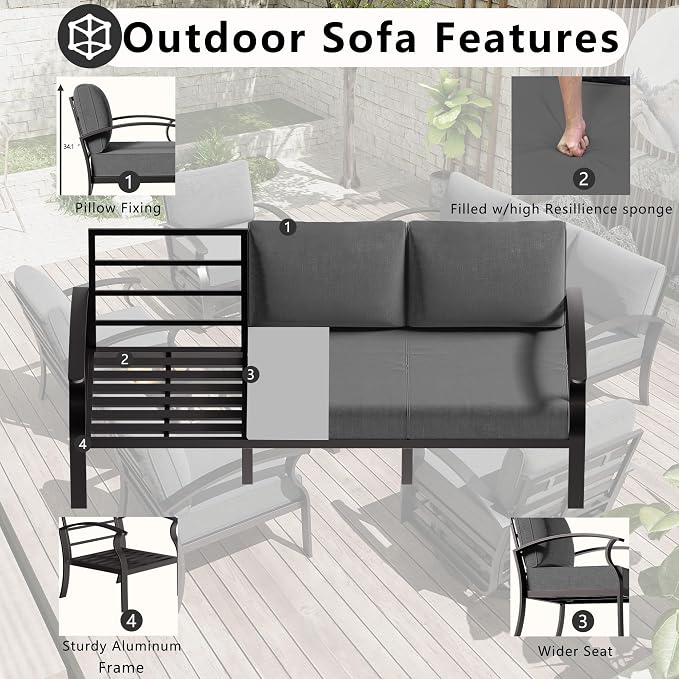 Patio Furniture Set 3-Piece Aluminum Armrest Sofa, All-Weather Patio Conversation Set with Tempered Glass Top Table & Removable Sponge Cushions for Backyard Poolside - Grey