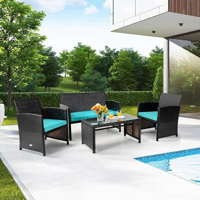 Tangkula 8 Pieces Rattan Furniture Set, Outdoor Conversation Set w/Chair & Loveseat & Tempered Glass Coffee Table, Suitable for Garden, Backyard, Poolside, Patio Furniture Set for 8 (2, Turquoise)
