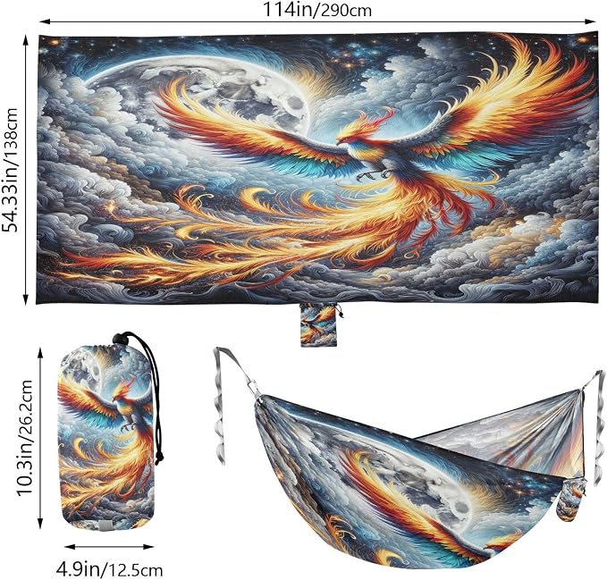 Cloud Flying Phoenix Camping Hammock, Portable Lightweight Single Hammock with 3 Straps and Aluminum Carabiners, 114" x 54" Travel Hammock for Hiking Backpacking Beach