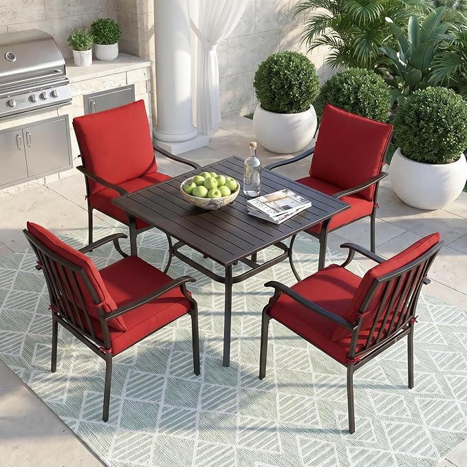 LVUYOYO 5-Piece Outdoor Patio Dining Set, Metal Stackable Chairs & Square Table Set, All-Weather Furniture for Backyard, Garden,Balcony,Porch (Red)