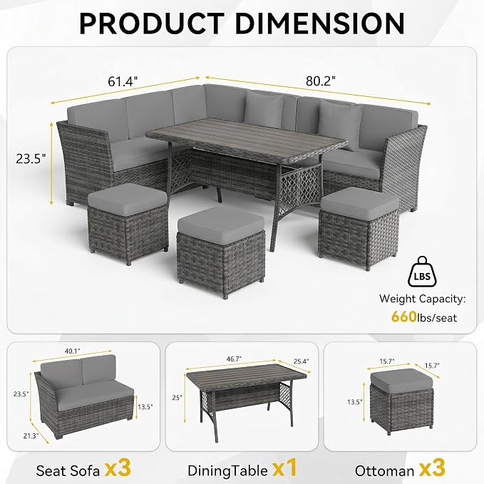 Patio Furniture Set, 7 Pieces Outdoor Dining Sets, All Weather Rattan Conversation Set, Outdoor Dining Sectional Sofa with Large Dining Table, Ottoman (Grey-Light Grey, A-7 Pieces)