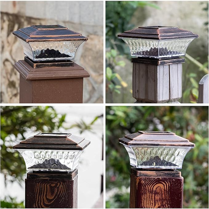 HUYIENO Solar Post Cap Lights Outdoor LED Lighting Deck Fence With Two Light Modes Warm White/Bright White Suitable for 4x4 Wooden Posts Brushed Copper 6PK