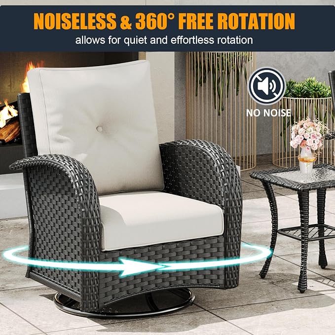 6 Pieces Outdoor Wicker Patio Swivel Rocking Chairs, All Weather Wicker Conversation Set with Side Table