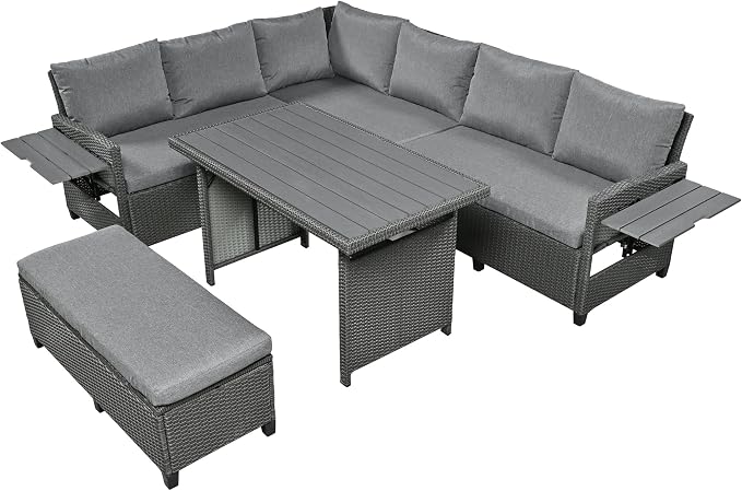 Polibi 5-Piece Outdoor Sectional Conversation Set Sofa, Rattan Wicker L-Shaped Patio Furniture Sets with 2 Extendable Side Tables, Patio Dining Table,Patio Benches for Outdoors,Grey