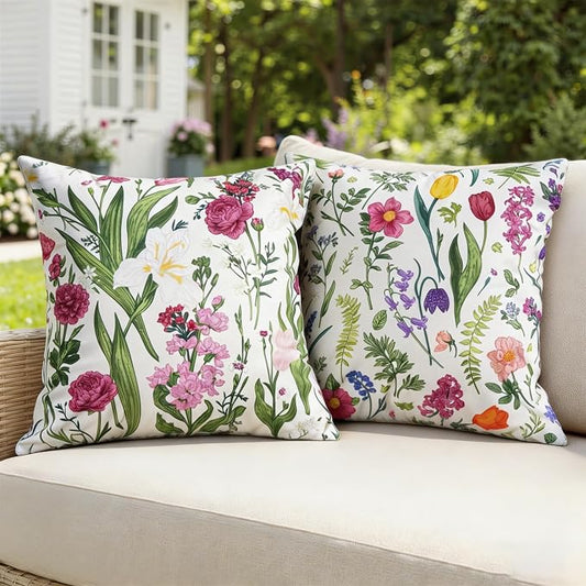 Pyonic Waterproof Outdoor Pillow Covers 18x18 Inch Set of 2 Pink Floral Plant Outdoor Pillows for Patio Furniture Porch Spring Summer Garden Decoration for Home, Meadow Flowers and Herbs
