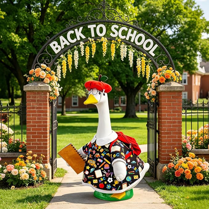 Back to School Porch Goose Outfits for 17''/23'' Goose Statues, First Day of School Goose Clothes with Apple Hat, Glasses, Pencil, Notebook, Backpack for School & Classroom Decor
