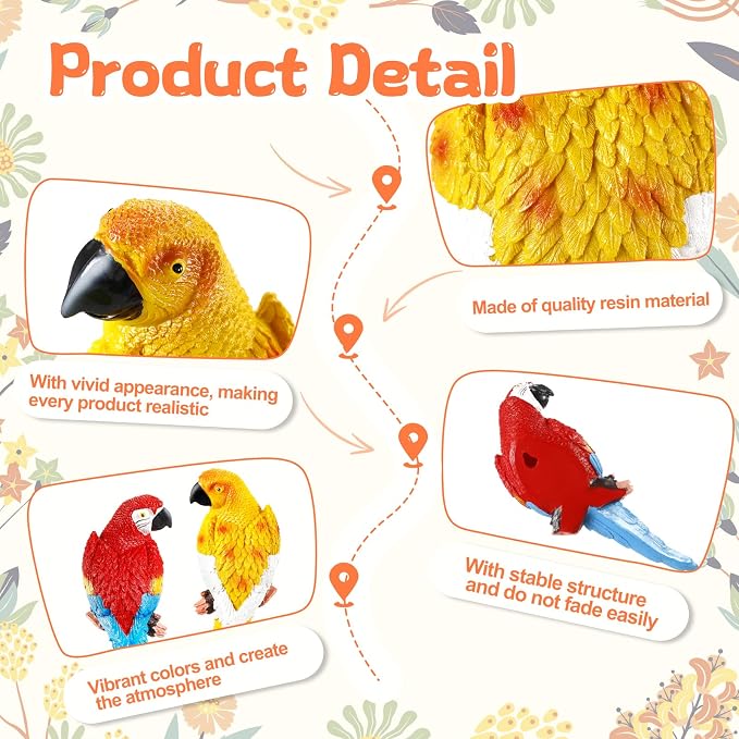 Jetec Parrot Decor Outdoor Tiki Bar Decor Large Realistic Parrot Statues Outside Lifelike Bird Sculptures Garden Patio Yard Lawn Figurines for Tropical Animal Tree Wall (2 Pcs,Red,Yellow)