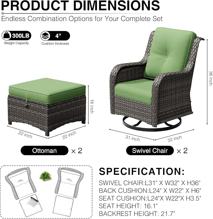Joyside 4 Piece Wicker Patio Furniture Set, Outdoor Swivel Rocker Patio Chairs with High Back, Deep Seating, Wide Armrest, Thickened Cushions, Outdoor Furniture for Deck, Porch Use