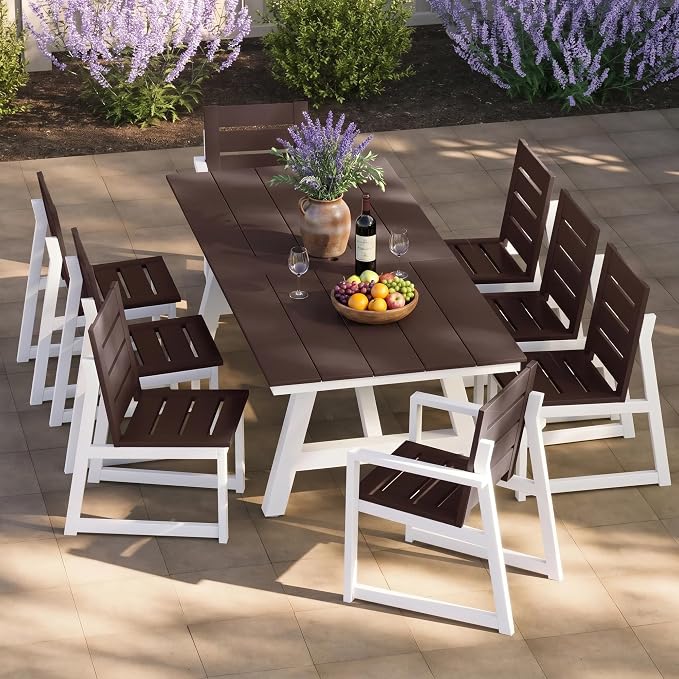 Costaelm Stinson 9-Piece Outdoor HDPE Patio Dining Table Set with Umbrella Hole & Dining Chairs for 8, Dark Brown