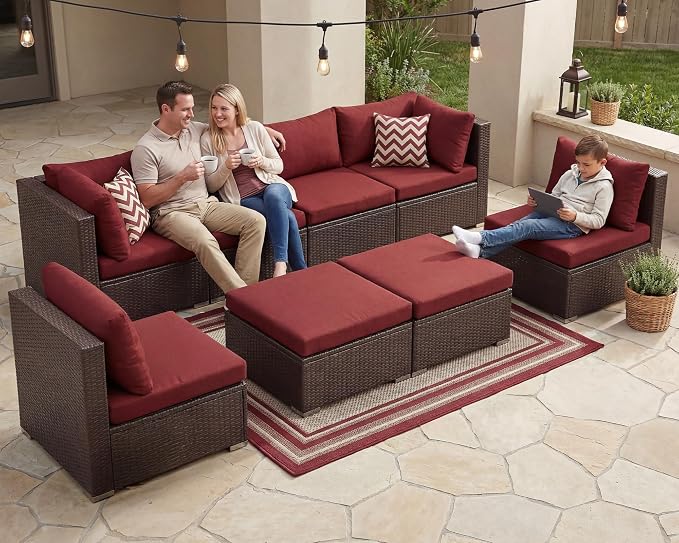 NICESOUL 29.3'' High Back Wicker Patio Furniture Set for 8 Person, Extra Big Outdoor Modular Sectional with Ottoman, Deep Seated Relax Conversation Sets for Backyard Deck, Brown and Red