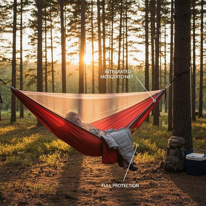YSUEFIJO Travel Hammock with Mosquito Net, Relaxing Outdoor Hanging Hammock, Foldable and Compact for Backpacking, Breathable and Comfortable, Supports Up to 250kg