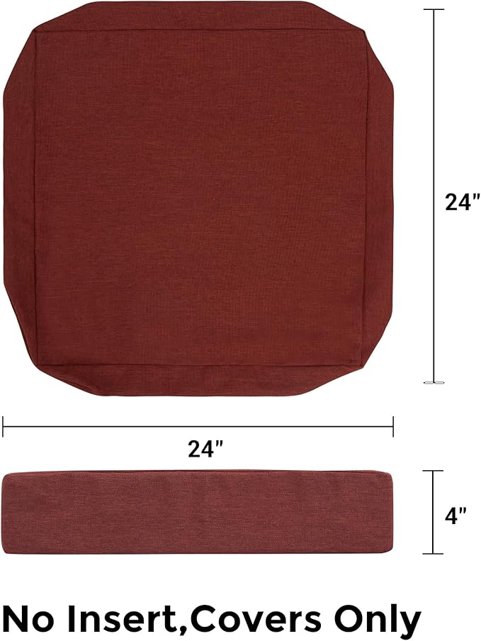 FUNHOME Outdoor Cushion Covers 24 x 24 x 4 inch,Set of 2,Non-Slip Grips Bottom,Replacement Cushion Covers for Garden Patio Furniture Couch Chair,Fade-Resistant Slipcover Only,No Insert(Dark Red)