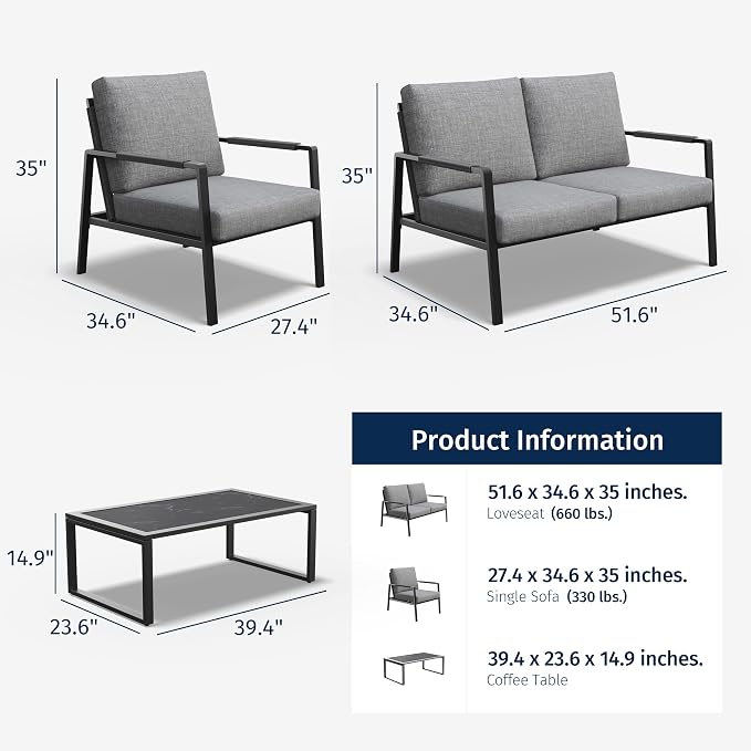 East Oak 4-Piece Patio Furniture Set with Thick Cushions, 4 Seats Waterproof Outdoor Patio Set with Rattan Armrests, Loveseat and Coffee Table for Backyard, 2024 Coast Patio Conversation Set in Grey