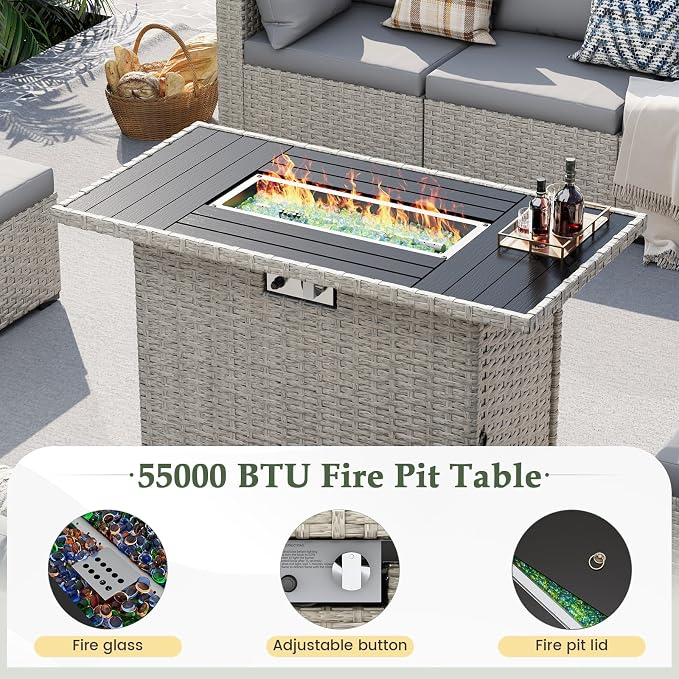 UDPATIO Patio Furniture Set with Fire Pit Table, 8 Pcs Outdoor Sectional Sofa, PE Wicker Patio Conversation Set for Garden, Backyard (Grey Cushions with Light Grey Rattan)