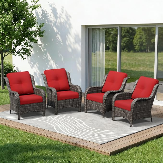 4 Piece Outdoor Wicker Patio Furniture Set, Patio Chairs Set of 4 with Thickened Olefin Cushions, High Back and Deep Seating, Hand-Woven PE Rattan for Porch, Deck, Red