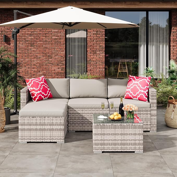 GAOMON 5-Piece All-Weather Patio Furniture Set, Convertible Outdoor Sectional Sofa with Ottoman & Tempered Glass Table, PE Rattan Conversation Set for Garden, Backyard, Porch, Poolside