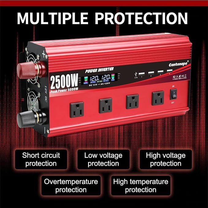 Cantonape 2500W Power Inverter 12V to 110V/120V DC to AC with LCD Display, Remote Controller 4 x AC Outlets and 4 x 3.1A USB Car Adapter for Car Truck Boat RV Solar System
