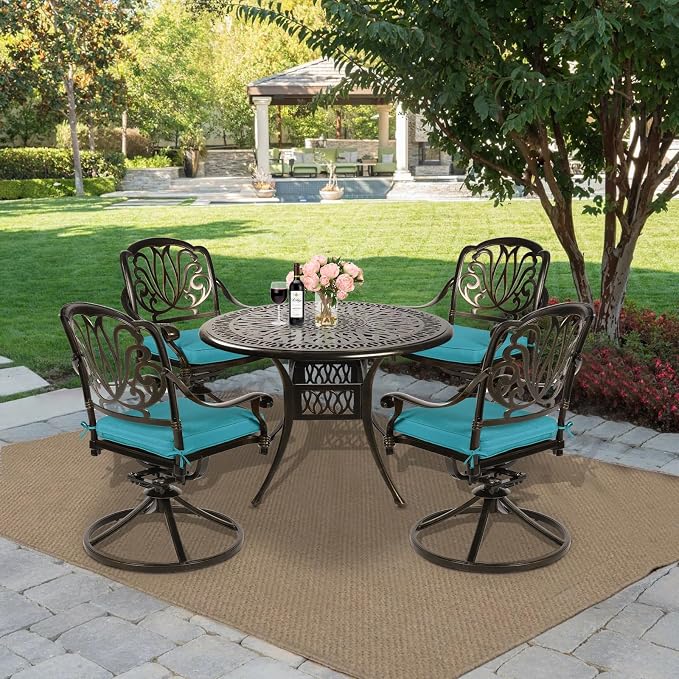 MEETWARM 5-Piece Outdoor Patio Dining Set, All-Weather Cast Aluminum Patio Conversation Set for Backyard Garden Deck with 4 Cushions Swivel Rocker Chairs and 35.4" Round Table, Ocean Blue